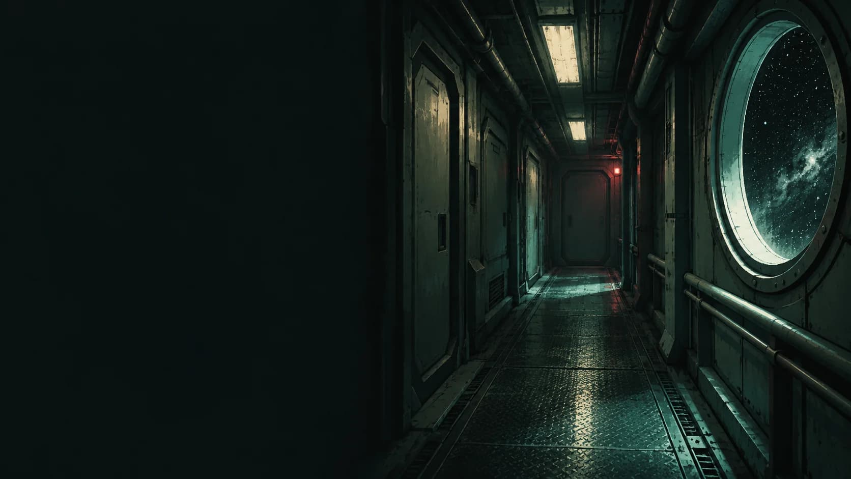 Original fan illustration of an empty corridor aboard a stranded space freighter